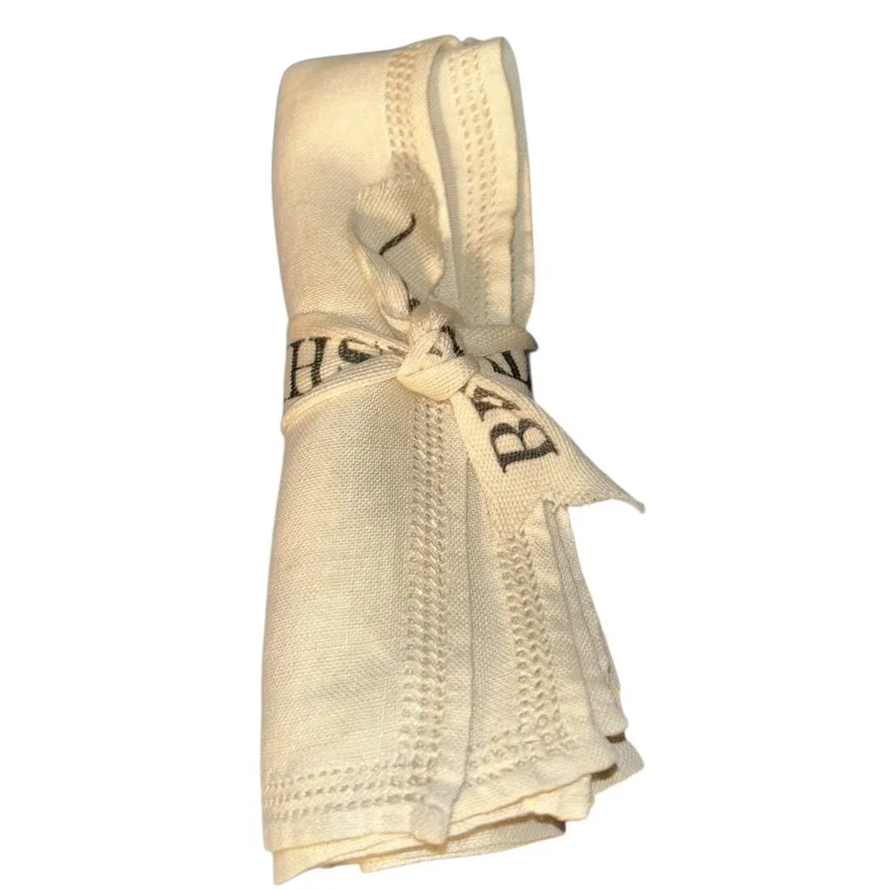 Vintage white Linen Hand pin tuck hemstitch trim 2 napkins   Winter White Sale